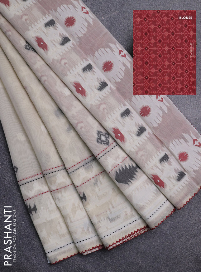 Chanderi silk cotton saree cream and maroon with allover thread woven buttas and jamdhani kantha stitch work border