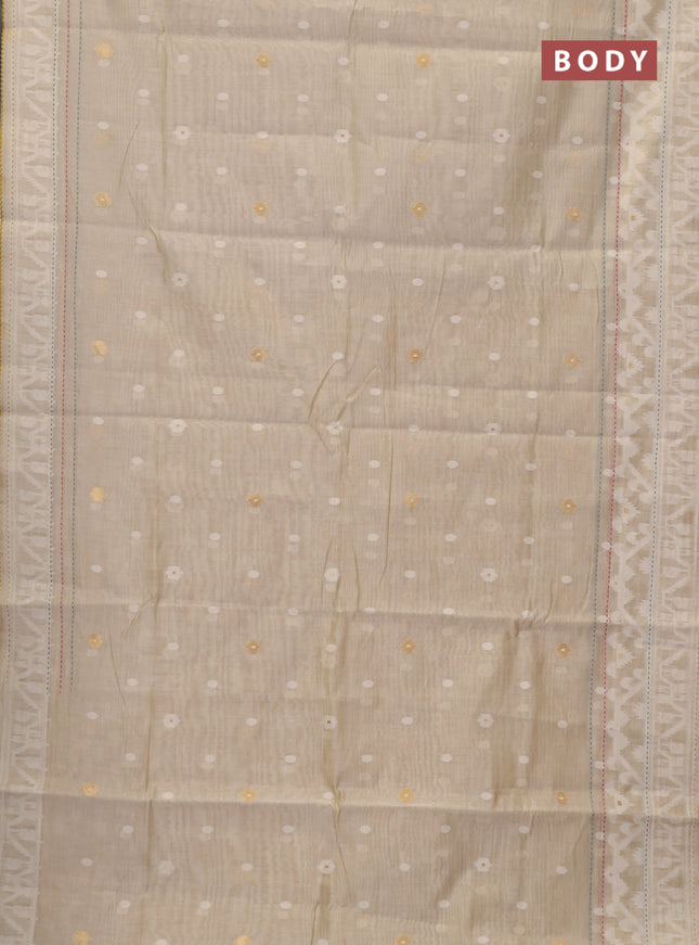 Chanderi silk cotton saree cream and mustard yellow with allover thread woven buttas and jamdhani kantha stitch work border