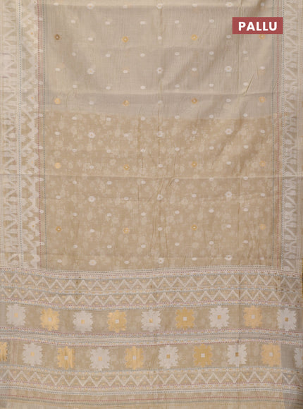 Chanderi silk cotton saree cream and mustard yellow with allover thread woven buttas and jamdhani kantha stitch work border