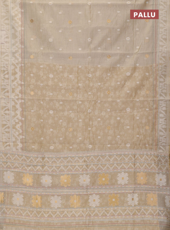Chanderi silk cotton saree cream and mustard yellow with allover thread woven buttas and jamdhani kantha stitch work border