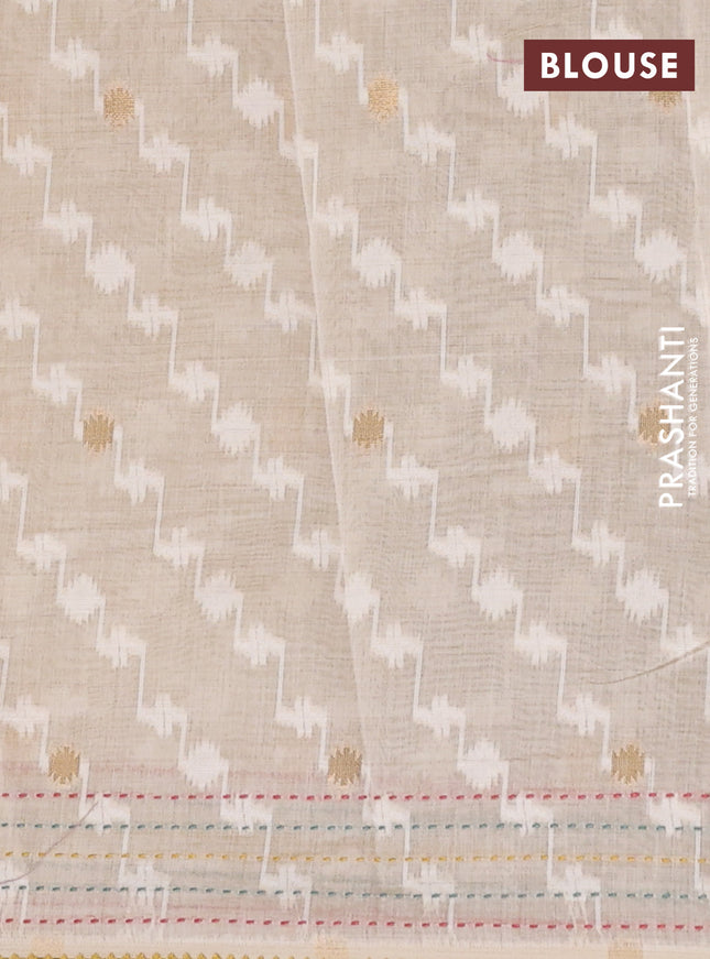 Chanderi silk cotton saree cream and mustard yellow with allover thread woven buttas and jamdhani kantha stitch work border