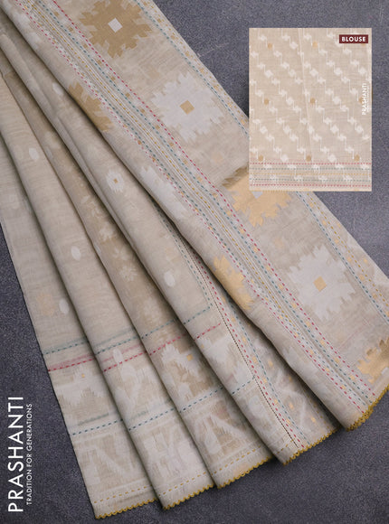 Chanderi silk cotton saree cream and mustard yellow with allover thread woven buttas and jamdhani kantha stitch work border
