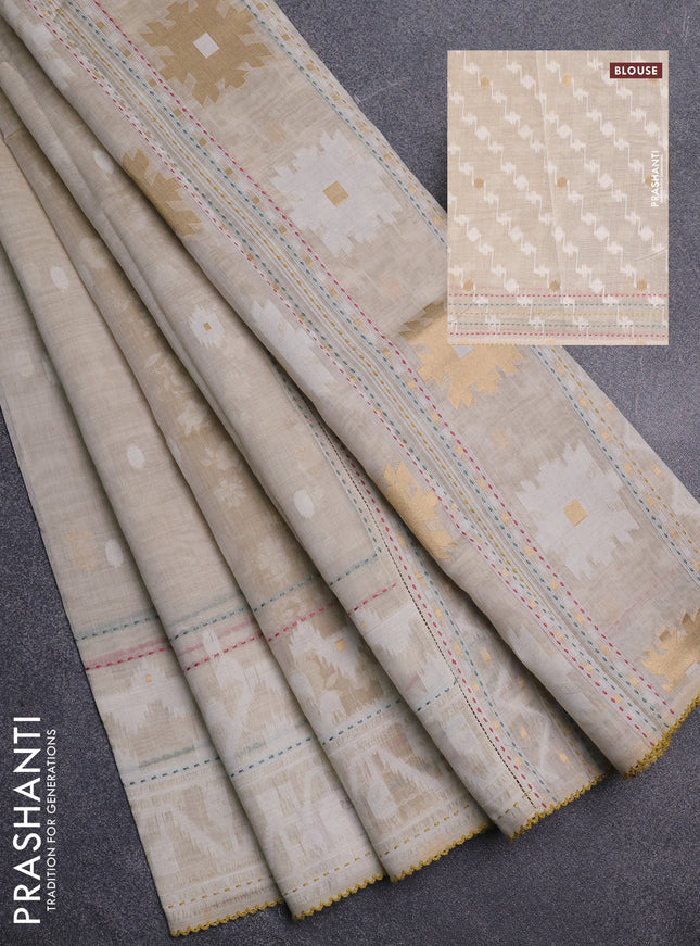 Chanderi silk cotton saree cream and mustard yellow with allover thread woven buttas and jamdhani kantha stitch work border