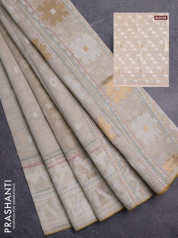 Chanderi silk cotton saree cream and mustard yellow with allover thread woven buttas and jamdhani kantha stitch work border