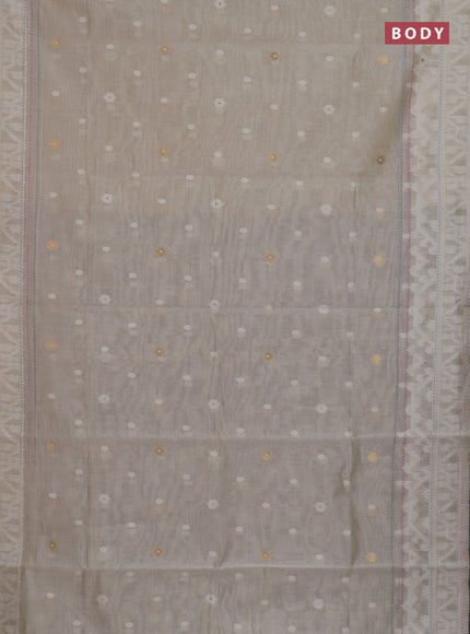 Chanderi silk cotton saree cream and grey with allover thread woven buttas and jamdhani kantha stitch work border