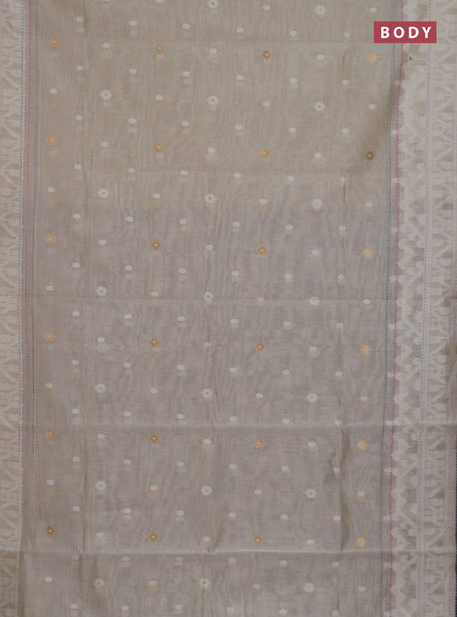 Chanderi silk cotton saree cream and grey with allover thread woven buttas and jamdhani kantha stitch work border
