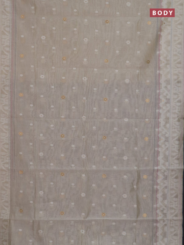Chanderi silk cotton saree cream and grey with allover thread woven buttas and jamdhani kantha stitch work border