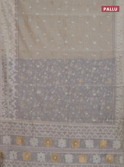Chanderi silk cotton saree cream and grey with allover thread woven buttas and jamdhani kantha stitch work border