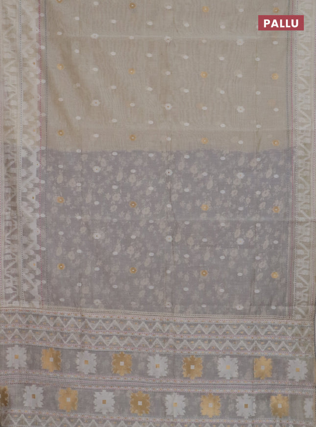 Chanderi silk cotton saree cream and grey with allover thread woven buttas and jamdhani kantha stitch work border