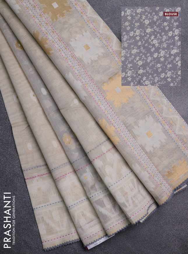 Chanderi silk cotton saree cream and grey with allover thread woven buttas and jamdhani kantha stitch work border