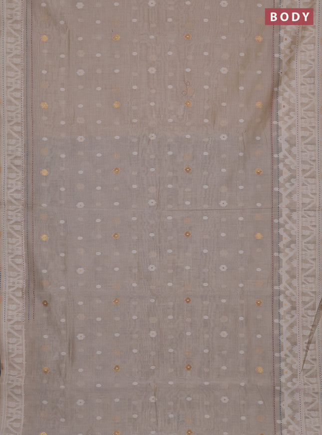 Chanderi silk cotton saree crean and bluish grey with allover thread woven buttas and jamdhani kantha stitch work border