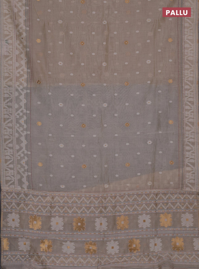 Chanderi silk cotton saree crean and bluish grey with allover thread woven buttas and jamdhani kantha stitch work border