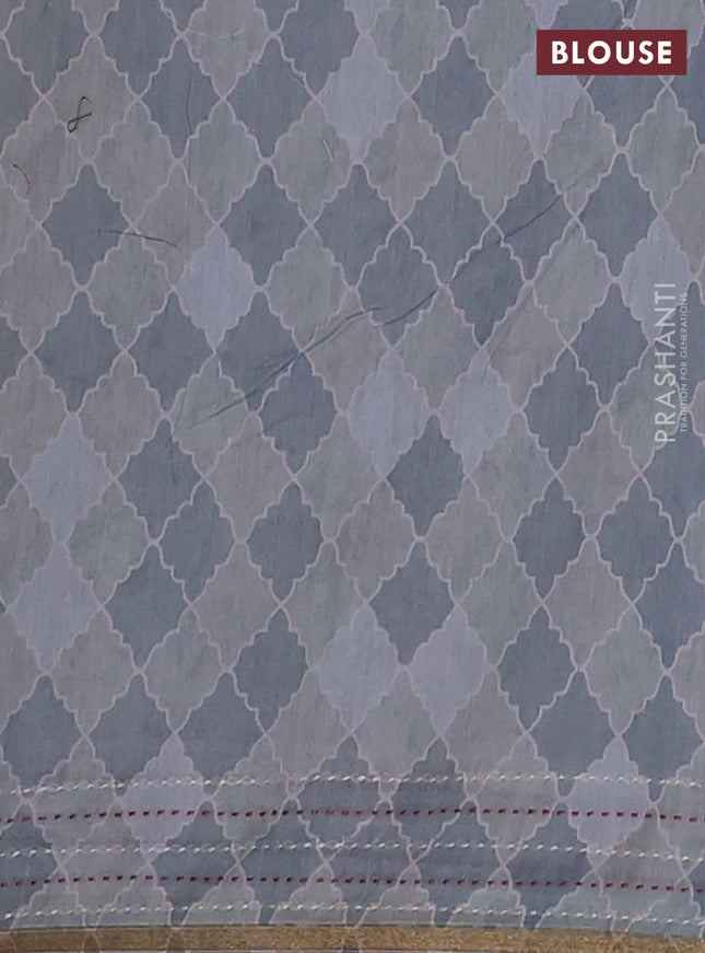 Chanderi silk cotton saree crean and bluish grey with allover thread woven buttas and jamdhani kantha stitch work border