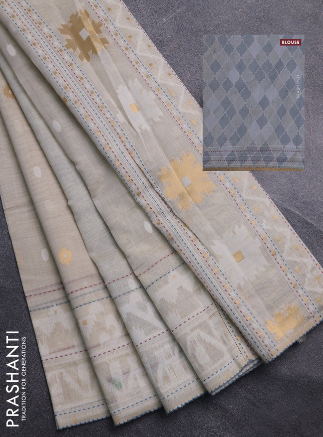 Chanderi silk cotton saree crean and bluish grey with allover thread woven buttas and jamdhani kantha stitch work border