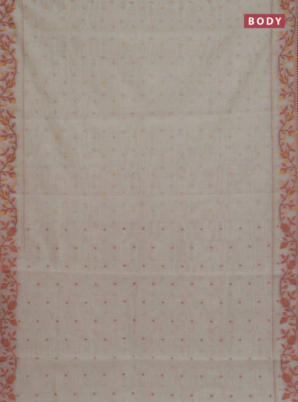 Chanderi silk cotton saree cream and rust shade with allover thread woven buttas and jamdhani kantha stitch work border