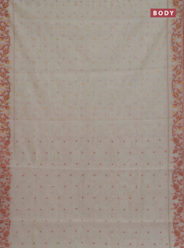 Chanderi silk cotton saree cream and rust shade with allover thread woven buttas and jamdhani kantha stitch work border