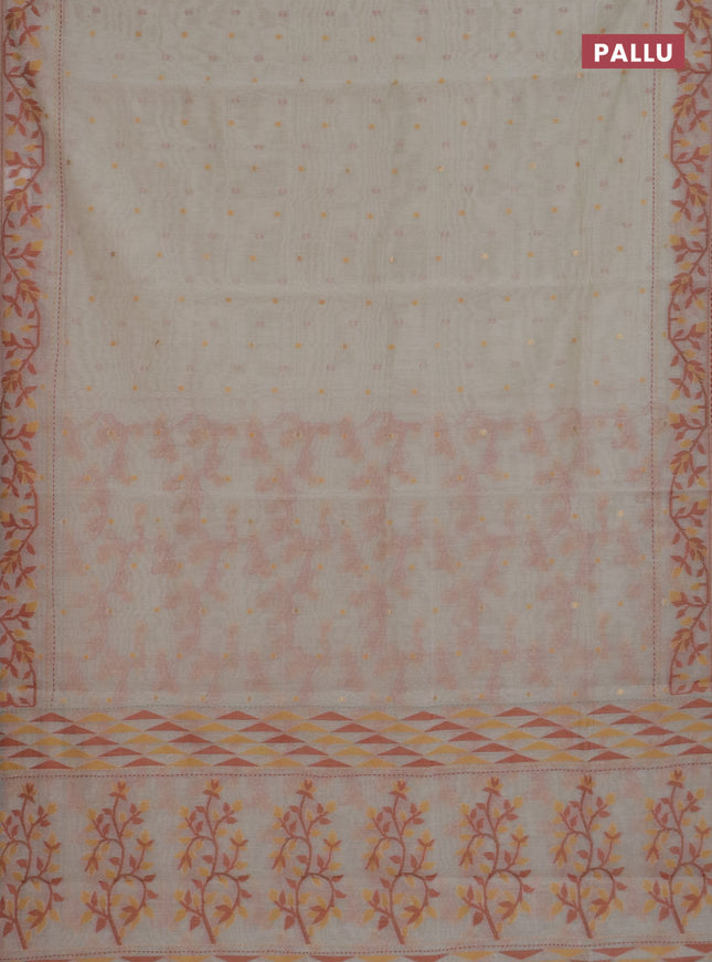 Chanderi silk cotton saree cream and rust shade with allover thread woven buttas and jamdhani kantha stitch work border