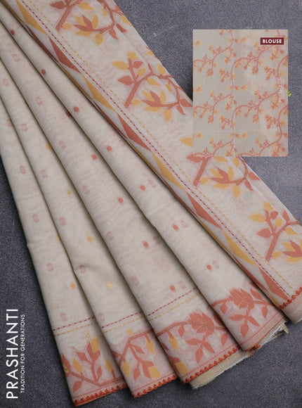 Chanderi silk cotton saree cream and rust shade with allover thread woven buttas and jamdhani kantha stitch work border