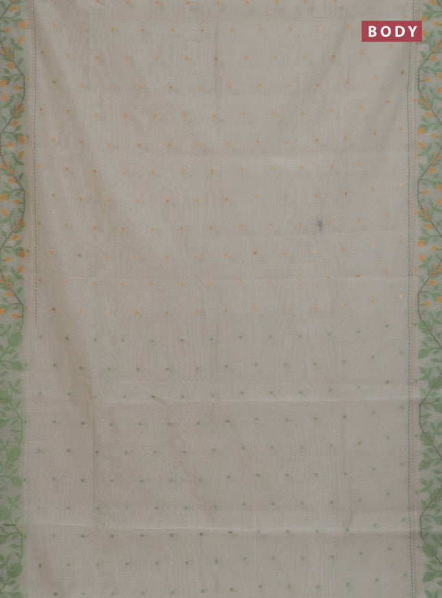 Chanderi silk cotton saree cream and light green with allover thread woven buttas and jamdhani kantha stitch work border