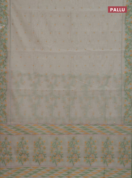 Chanderi silk cotton saree cream and light green with allover thread woven buttas and jamdhani kantha stitch work border