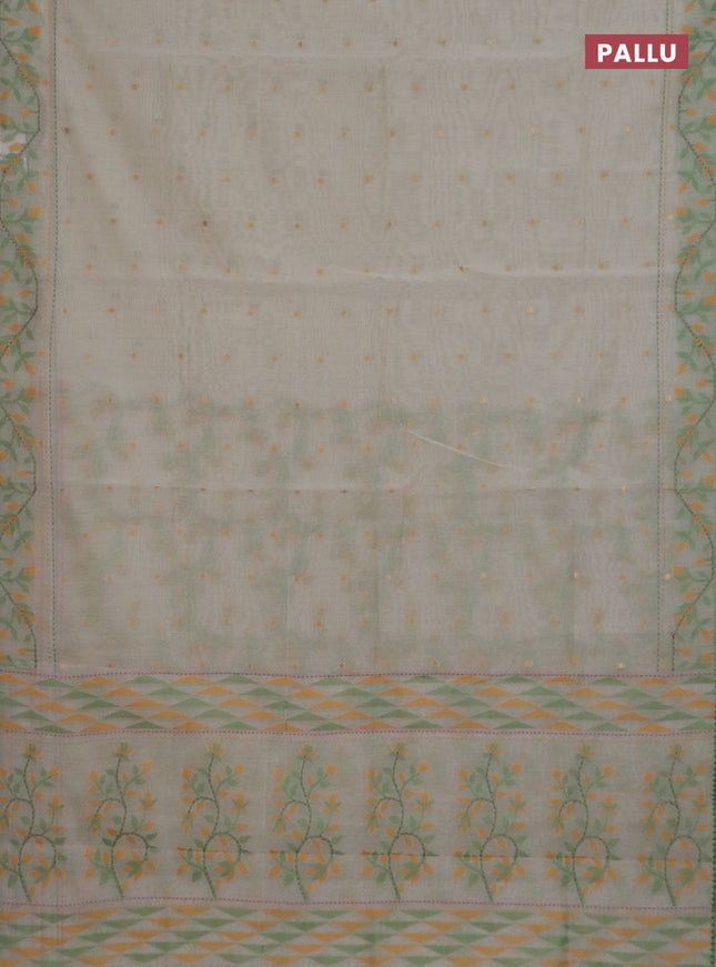Chanderi silk cotton saree cream and light green with allover thread woven buttas and jamdhani kantha stitch work border