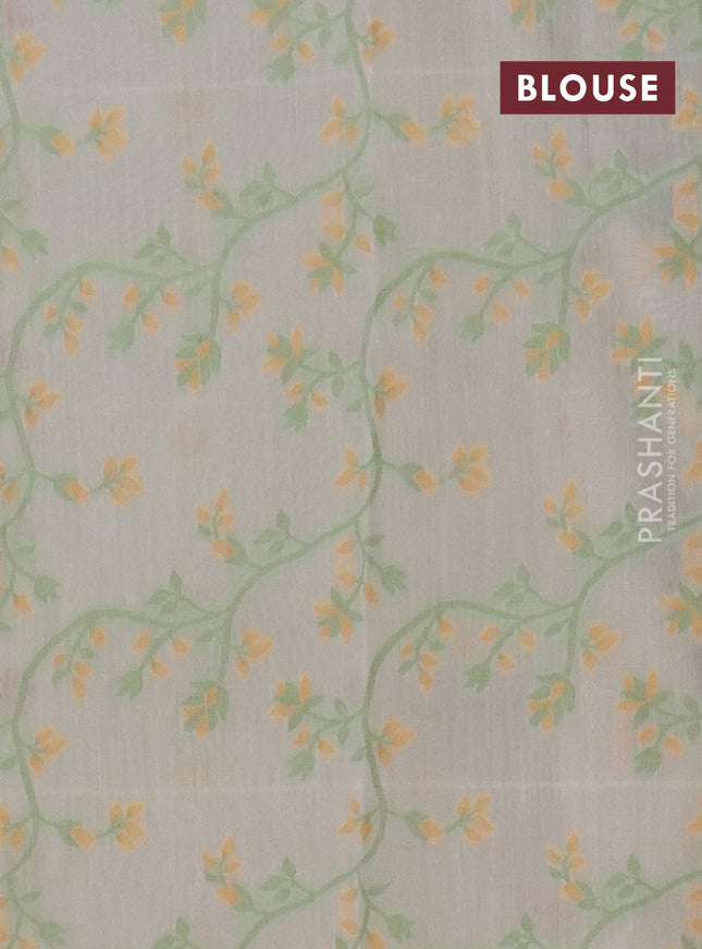 Chanderi silk cotton saree cream and light green with allover thread woven buttas and jamdhani kantha stitch work border