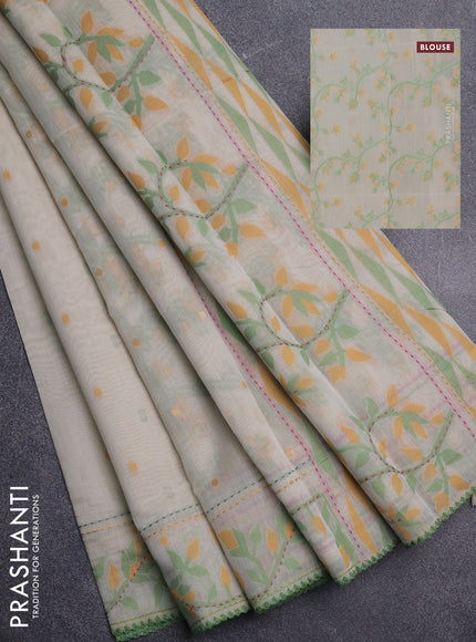 Chanderi silk cotton saree cream and light green with allover thread woven buttas and jamdhani kantha stitch work border