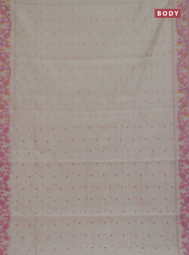 Chanderi silk cotton saree cream and mauve pink with allover thread woven buttas and jamdhani kantha stitch work border