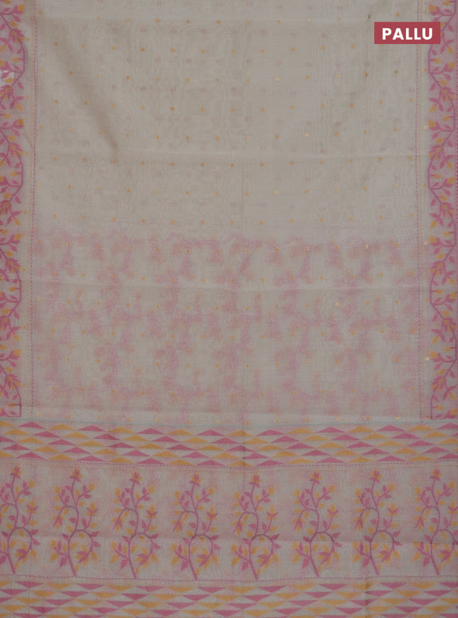 Chanderi silk cotton saree cream and mauve pink with allover thread woven buttas and jamdhani kantha stitch work border