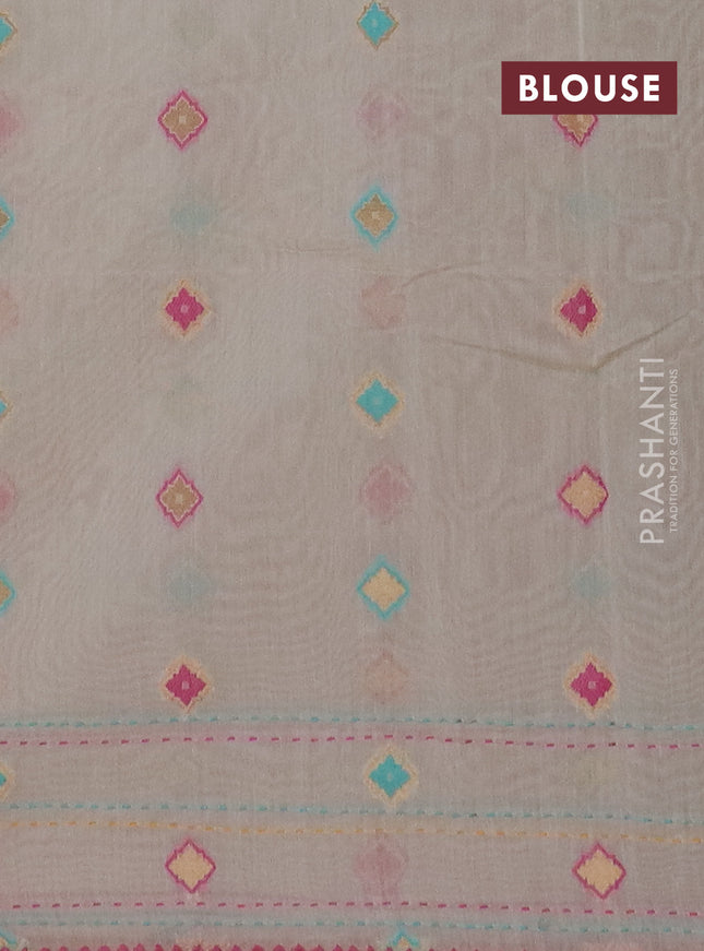 Chanderi silk cotton saree cream and mauve pink with allover thread woven buttas and jamdhani kantha stitch work border