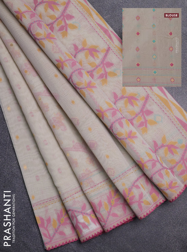 Chanderi silk cotton saree cream and mauve pink with allover thread woven buttas and jamdhani kantha stitch work border