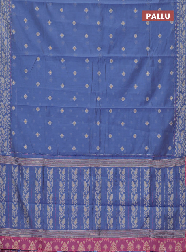 Chanderi silk cotton saree blue and light pink with allover thread woven buttas and jamdhani kantha stitch work border