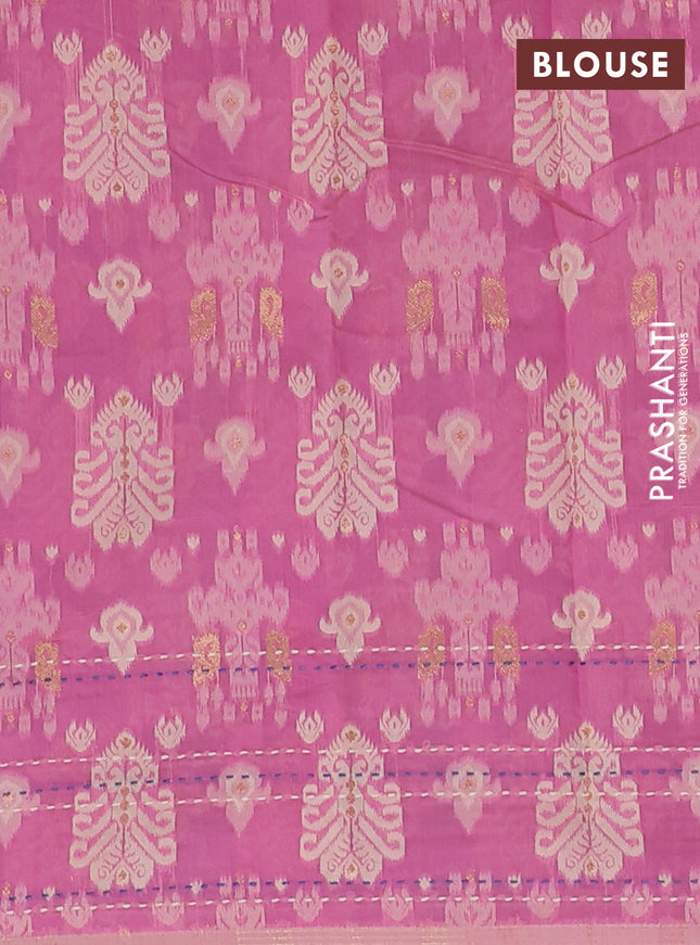 Chanderi silk cotton saree blue and light pink with allover thread woven buttas and jamdhani kantha stitch work border