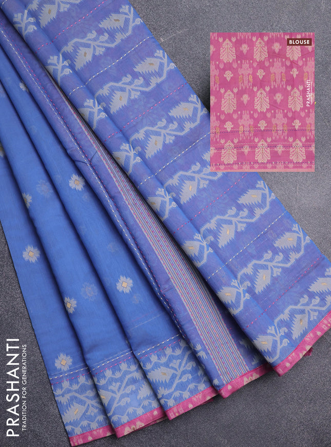 Chanderi silk cotton saree blue and light pink with allover thread woven buttas and jamdhani kantha stitch work border