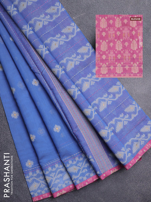 Chanderi silk cotton saree blue and light pink with allover thread woven buttas and jamdhani kantha stitch work border