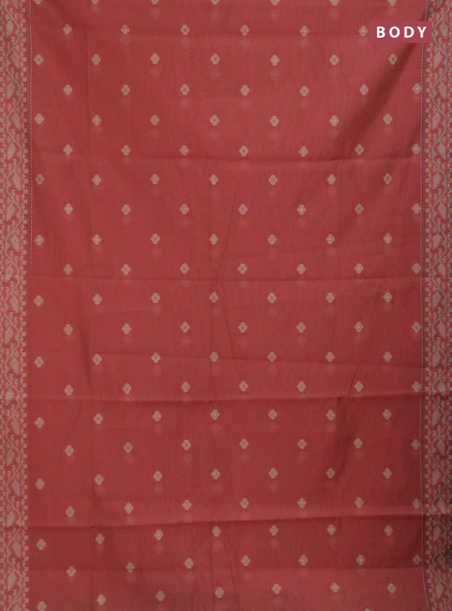 Chanderi silk cotton saree dark peach and teal green with allover thread woven buttas and jamdhani kantha stitch work border