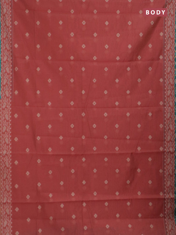 Chanderi silk cotton saree dark peach and teal green with allover thread woven buttas and jamdhani kantha stitch work border