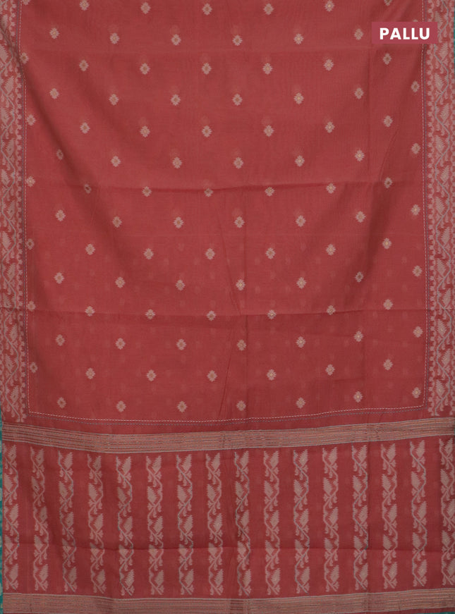Chanderi silk cotton saree dark peach and teal green with allover thread woven buttas and jamdhani kantha stitch work border