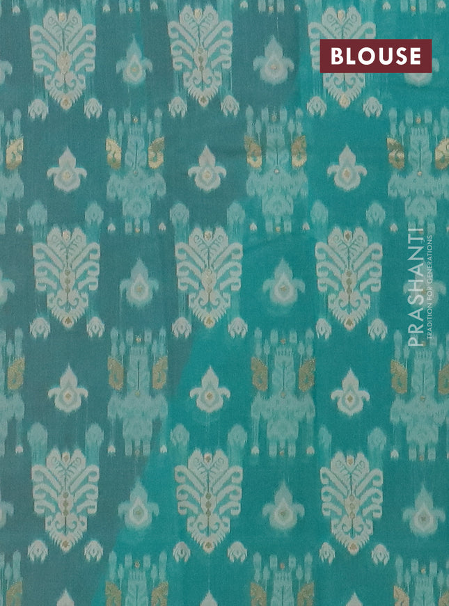 Chanderi silk cotton saree dark peach and teal green with allover thread woven buttas and jamdhani kantha stitch work border