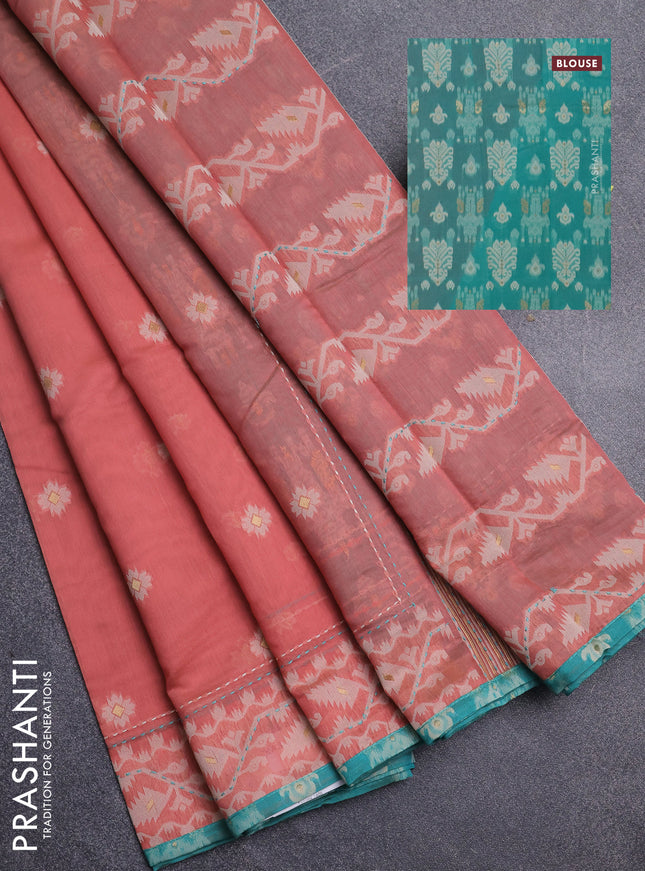 Chanderi silk cotton saree dark peach and teal green with allover thread woven buttas and jamdhani kantha stitch work border