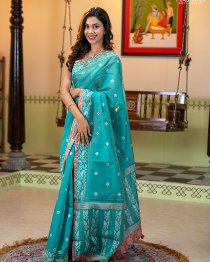 Chanderi silk cotton saree teal green and dark peach with allover thread woven buttas and jamdhani kantha stitch work border