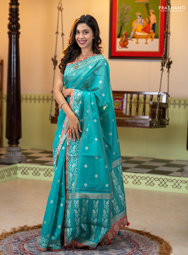 Chanderi silk cotton saree teal green and dark peach with allover thread woven buttas and jamdhani kantha stitch work border