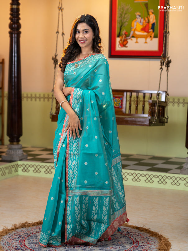 Chanderi silk cotton saree teal green and dark peach with allover thread woven buttas and jamdhani kantha stitch work border