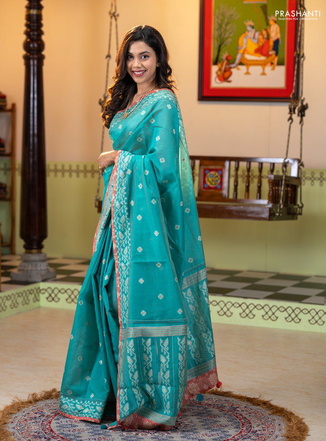 Chanderi silk cotton saree teal green and dark peach with allover thread woven buttas and jamdhani kantha stitch work border