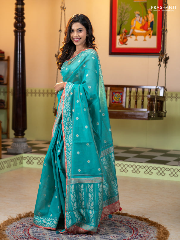 Chanderi silk cotton saree teal green and dark peach with allover thread woven buttas and jamdhani kantha stitch work border