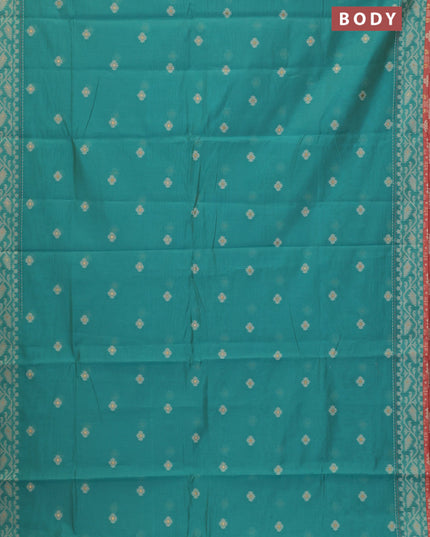 Chanderi silk cotton saree teal green and dark peach with allover thread woven buttas and jamdhani kantha stitch work border