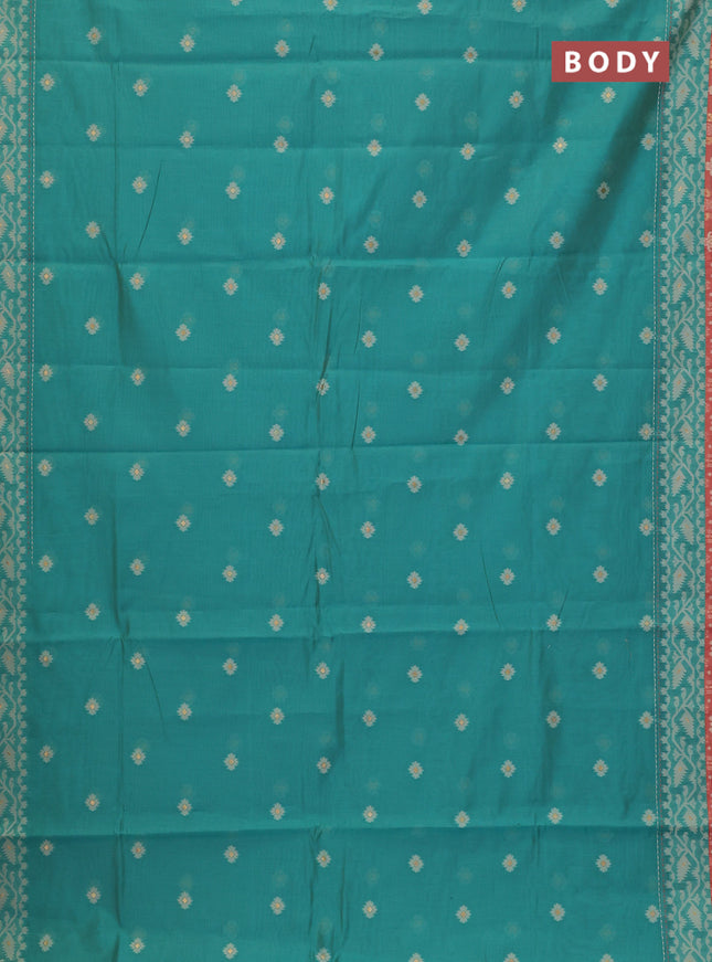 Chanderi silk cotton saree teal green and dark peach with allover thread woven buttas and jamdhani kantha stitch work border