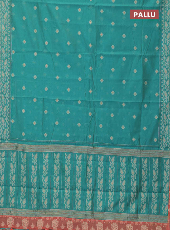 Chanderi silk cotton saree teal green and dark peach with allover thread woven buttas and jamdhani kantha stitch work border