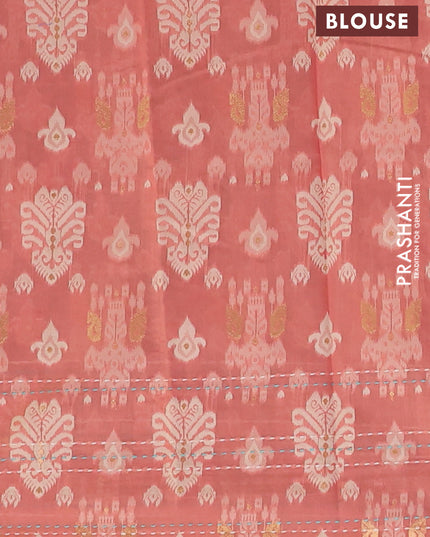 Chanderi silk cotton saree teal green and dark peach with allover thread woven buttas and jamdhani kantha stitch work border