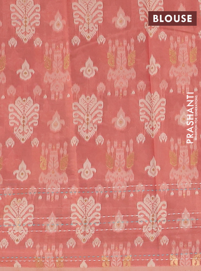 Chanderi silk cotton saree teal green and dark peach with allover thread woven buttas and jamdhani kantha stitch work border
